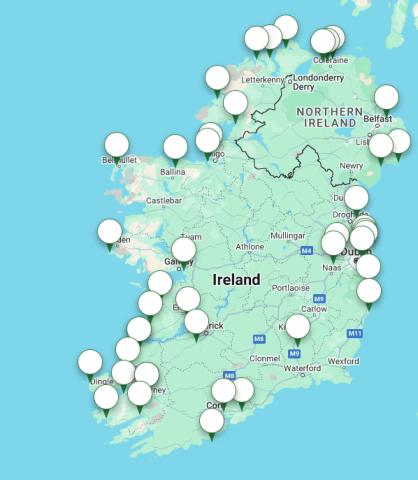 map of ireland with pinpoints showing best golf courses